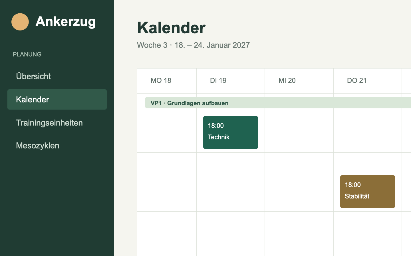 Wochenkalender in Ankerzug mit geplanten Trainingsterminen
