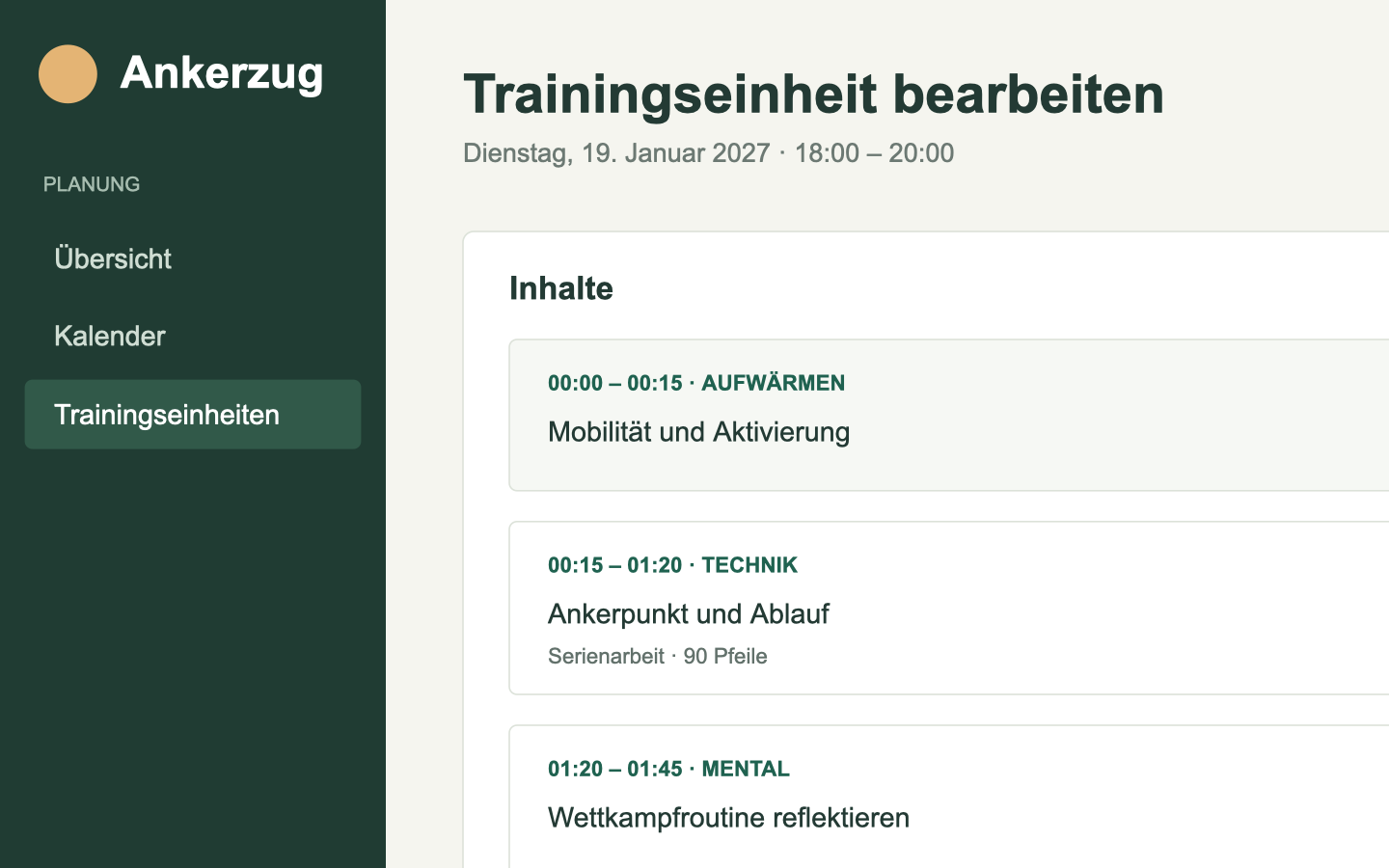 Editor für eine Trainingseinheit in Ankerzug